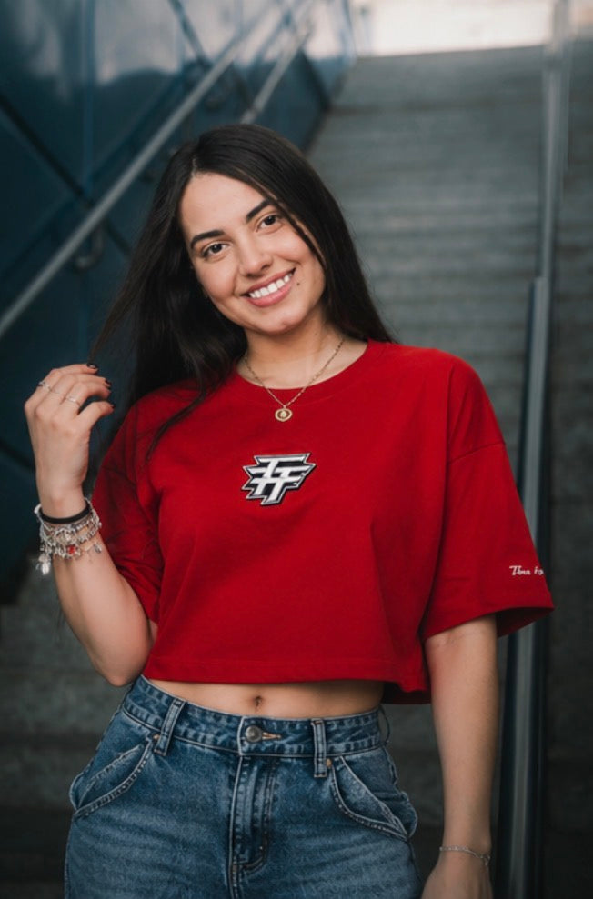 THE WORLD IS YOURS CROP TOP RED TEE