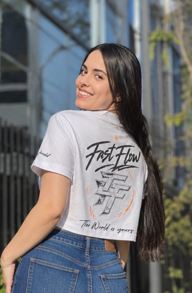 THE WORLD IS YOURS CROP TOP WHITE TEE